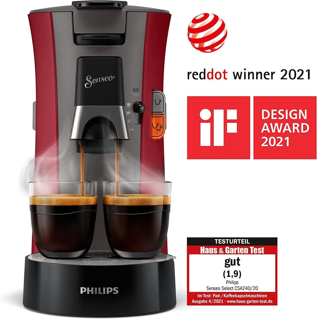 Senseo Select CSA240/90 – Kaffeepadmaschine mit Kaffeestärkewahl Plus, Memo-Funktion, 1450W, Rot
