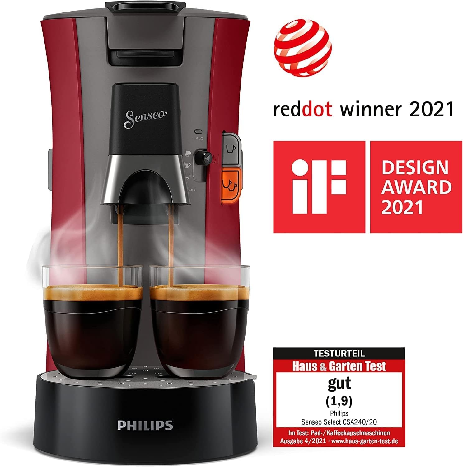 Senseo Select CSA240/90 – Kaffeepadmaschine mit Kaffeestärkewahl Plus, Memo-Funktion, 1450W, Rot